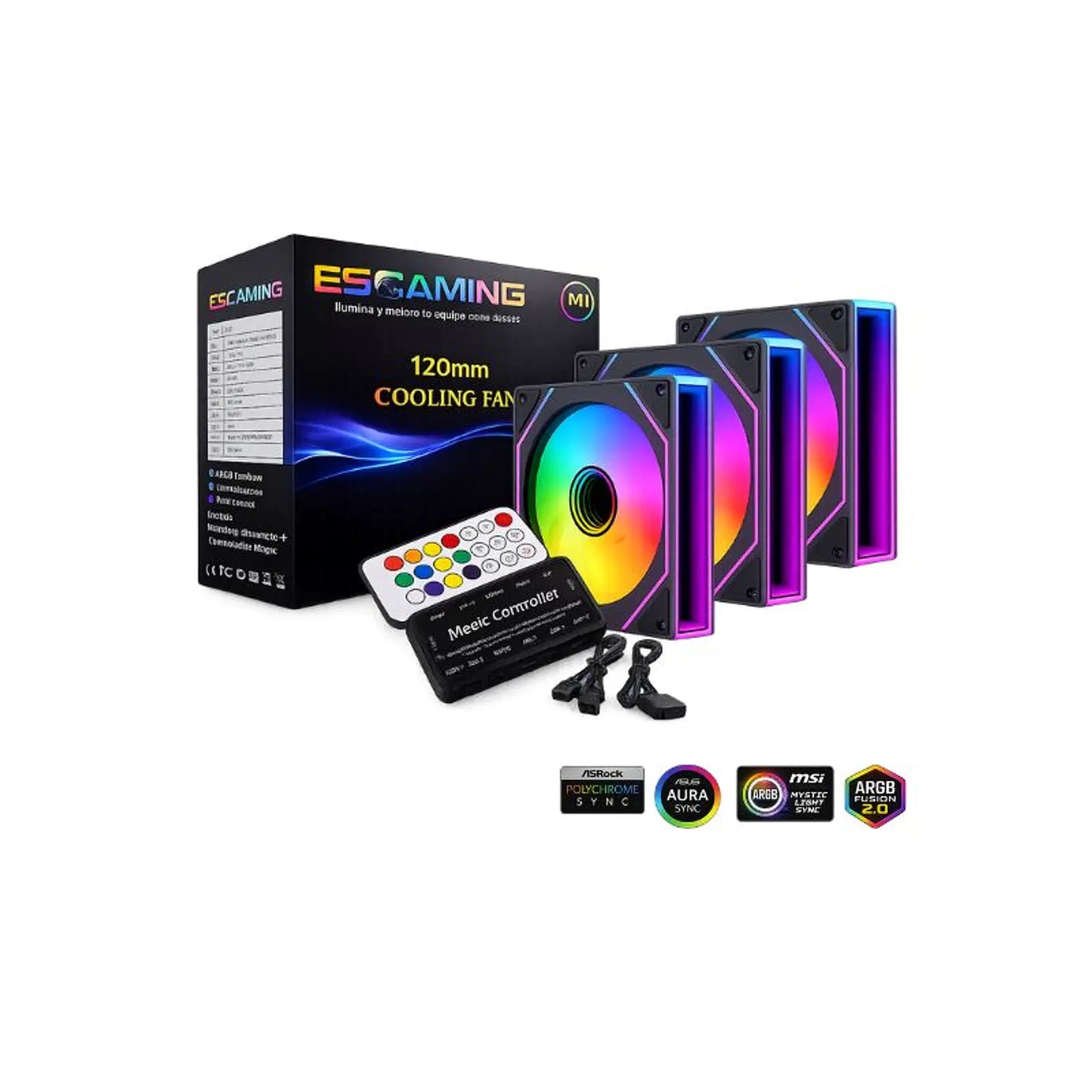 Kit 3 Ventiladores ESGAMING EZ-A18 ARGB 120mm con hub y control remoto