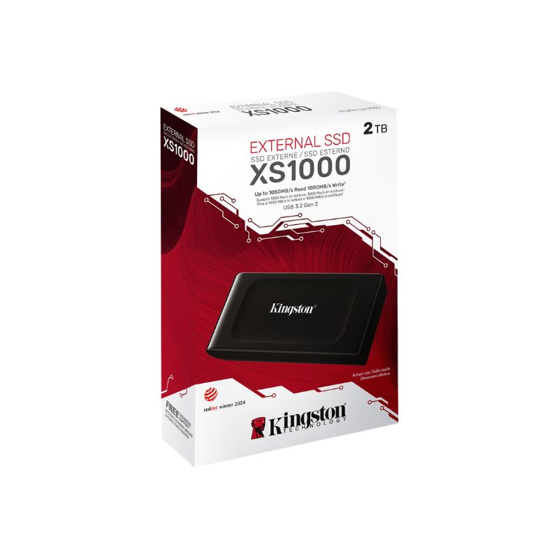 Caja retail del SSD externo Kingston XS1000 2TB con especificaciones técnicas