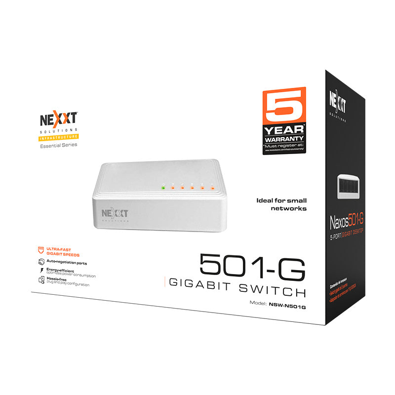 Caja retail del switch Nexxt Naxos 501-G 5 puertos Gigabit