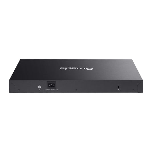 Parte trasera del switch TP-Link SG3428XMP con puertos SFP+ 10GE y alimentación