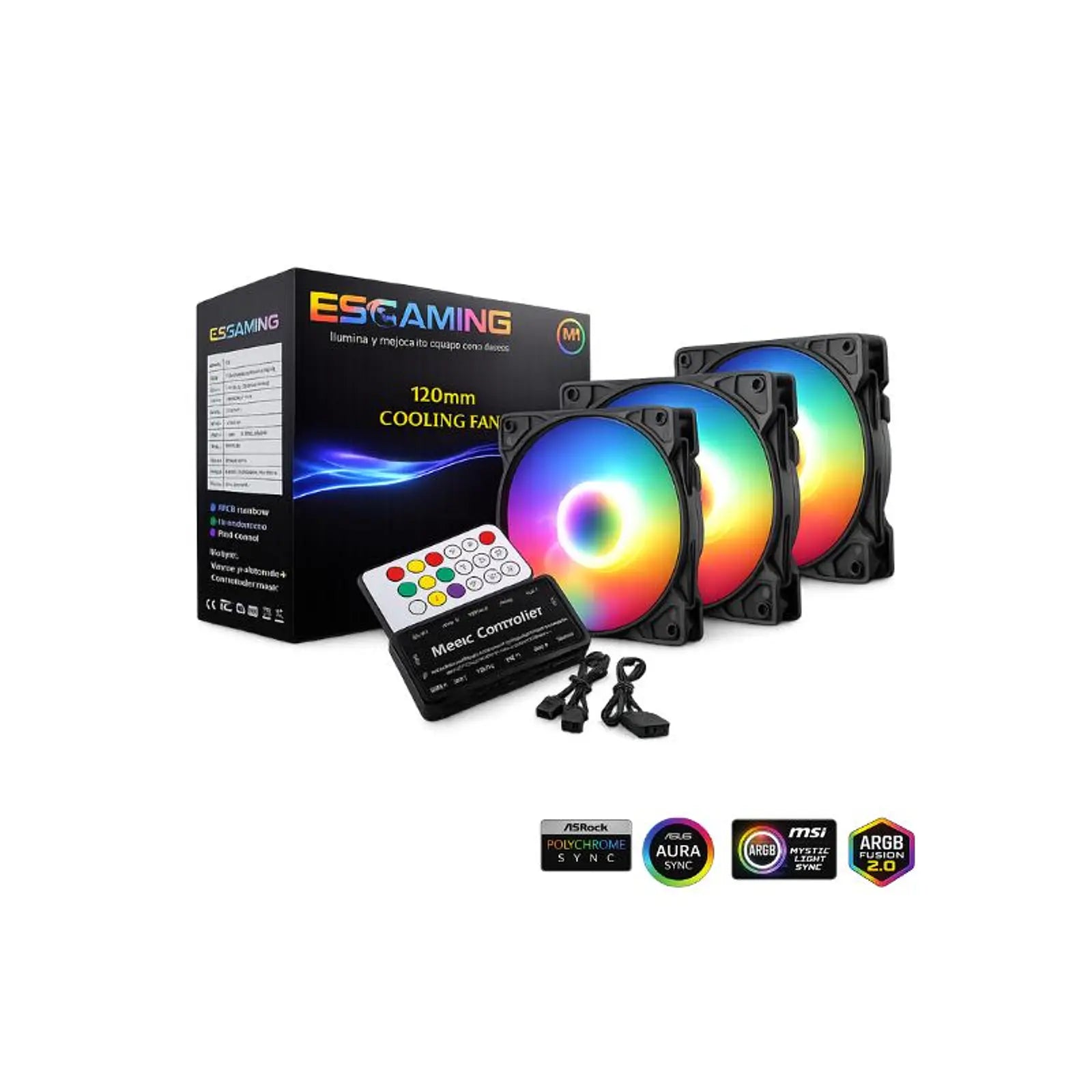 Kit 3 Ventiladores ESGAMING EZ-08 ARGB 120mm con hub y control remoto