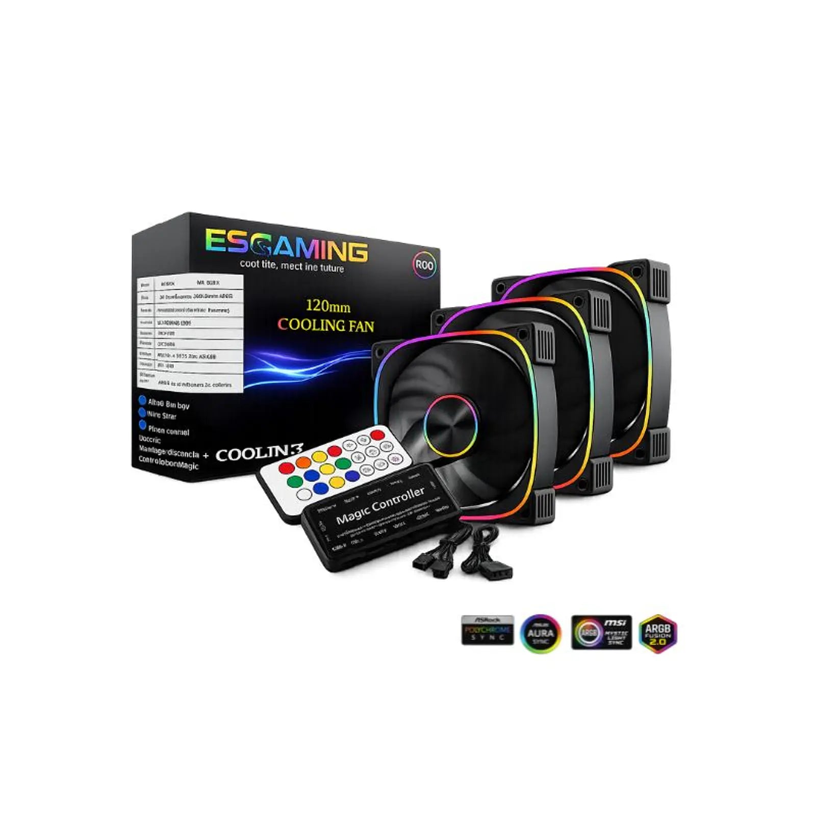 Kit 3 Ventiladores ESGAMING EZ-A25 ARGB 120mm con hub y control remoto