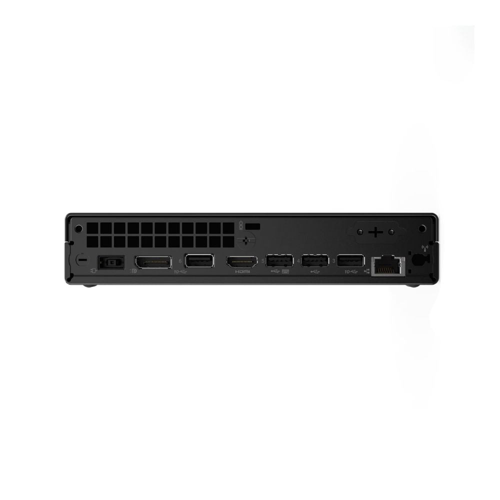 Reverso del Mini PC Lenovo ThinkCentre neo 50q Gen 6 con puertos HDMI, DisplayPort, USB y RJ-45