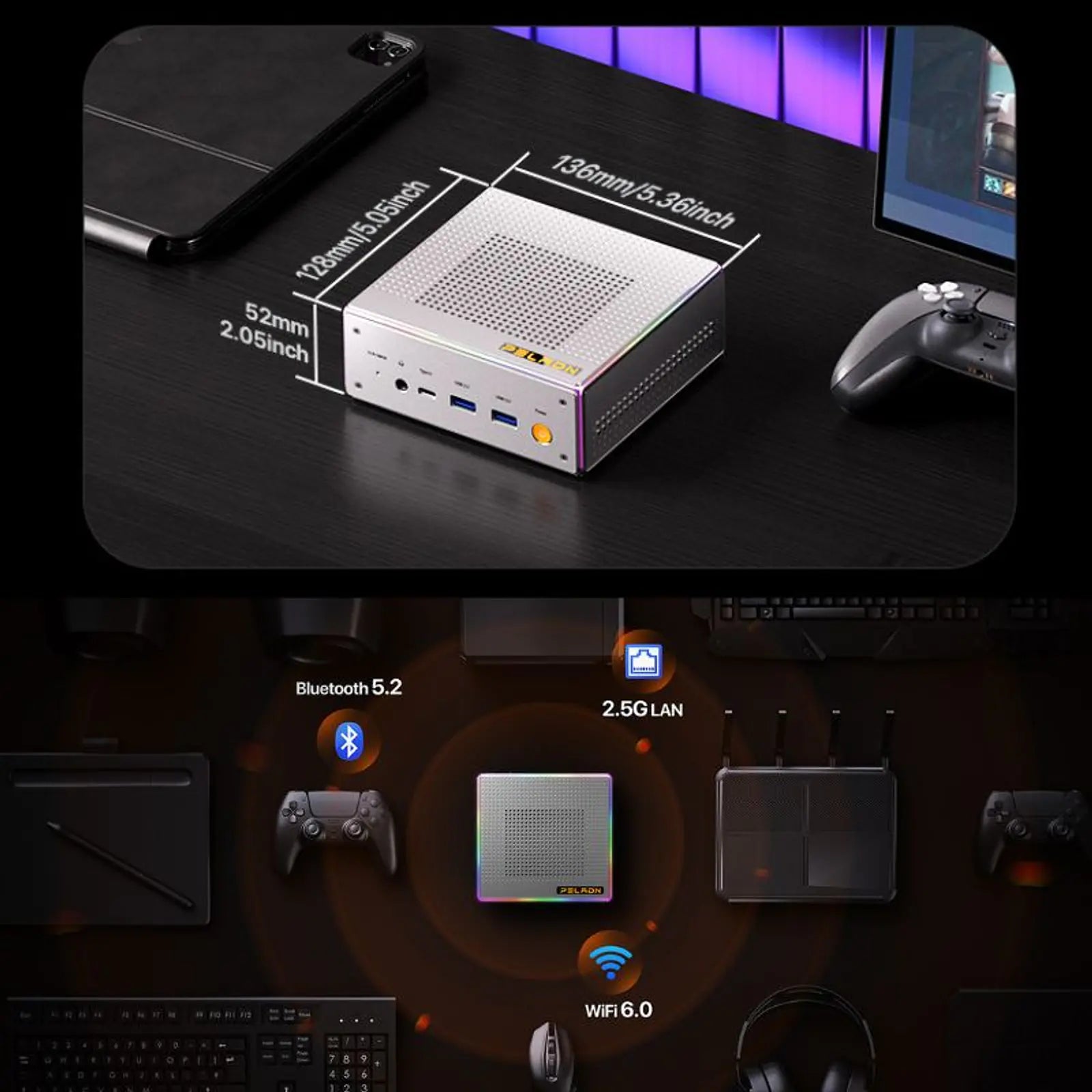 Mini PC Peladn HO4 Ryzen 9 7940HS medidas y conectividad