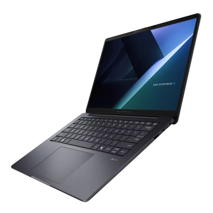 Notebook ASUS ExpertBook B3 de 14" visto en ángulo con el equipo abierto, mostrando pantalla y teclado