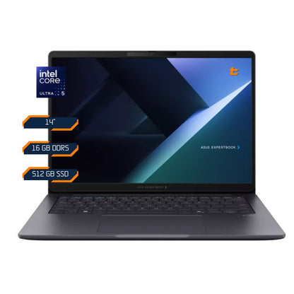 Notebook ASUS ExpertBook B3 con especificaciones: Core Ultra 5 225H, 16GB DDR5, SSD de 512GB y pantalla WUXGA de 14"