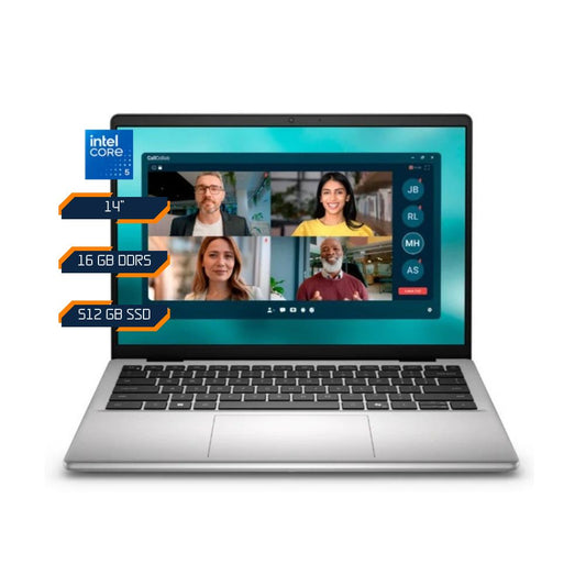 Notebook Dell Pro 14 Essential visto de frente con sus especificaciones: Core 5 120U, 16GB DDR5 y SSD de 512GB