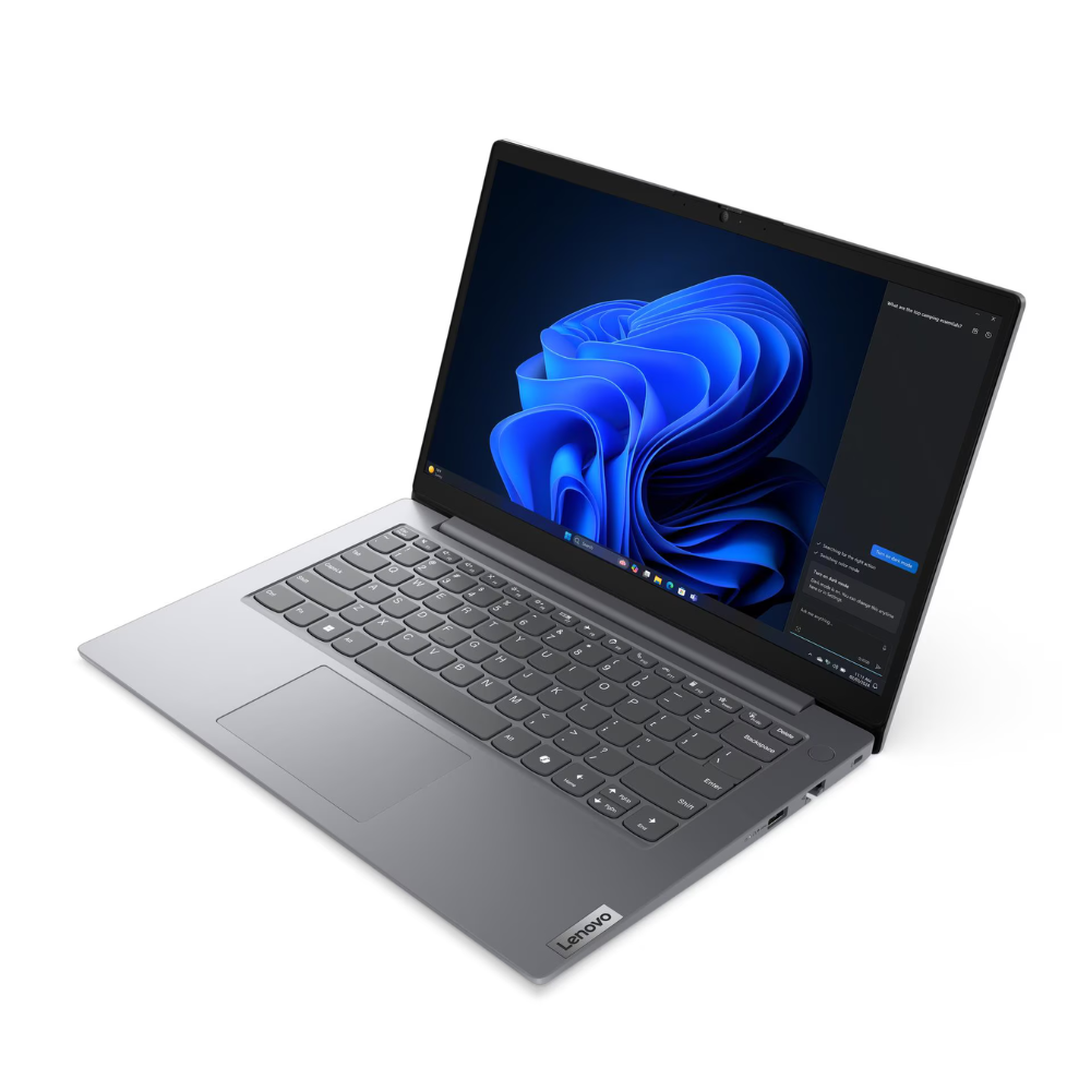 Notebook Lenovo V14 G5 de 14" Full HD visto en ángulo, con pantalla y teclado