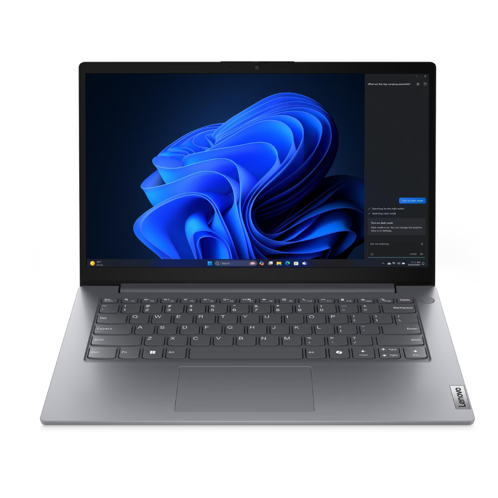 Notebook Lenovo V14 G5 de 14" visto de frente, con pantalla Full HD y teclado