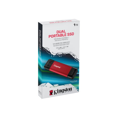 Caja retail del SSD externo Kingston Dual Portable 1TB con especificaciones técnicas