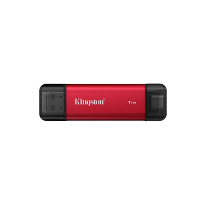 SSD externo Kingston Dual Portable 1TB con tapas protectoras en los conectores USB