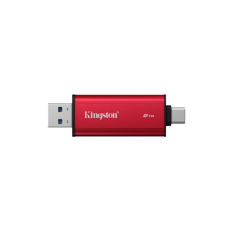SSD externo Kingston Dual Portable 2TB mostrando los conectores USB-A y USB-C integrados