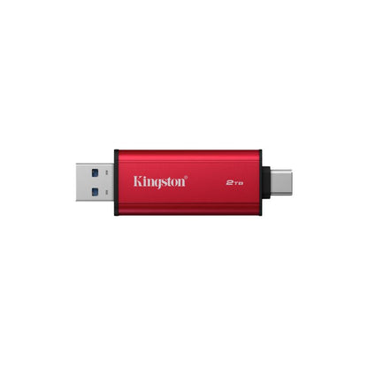 SSD externo Kingston Dual Portable 2TB mostrando los conectores USB-A y USB-C integrados
