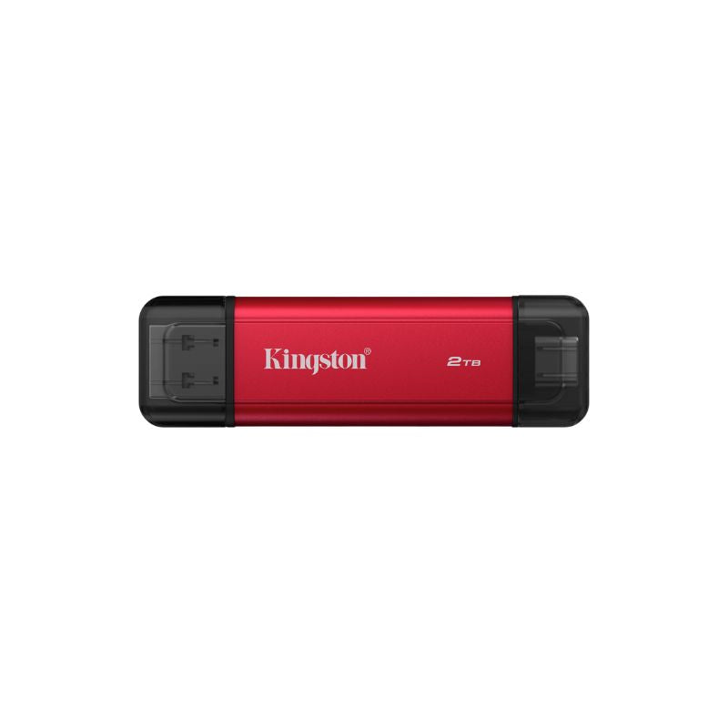 SSD externo Kingston Dual Portable 2TB con tapas protectoras en los conectores USB