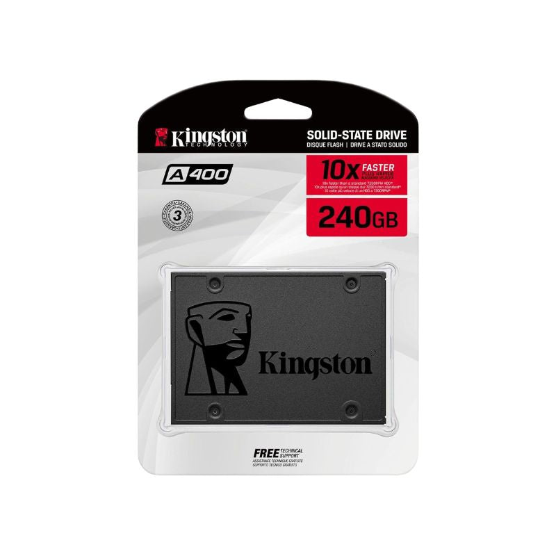 Empaque retail del SSD Kingston A400 240GB con especificaciones técnicas