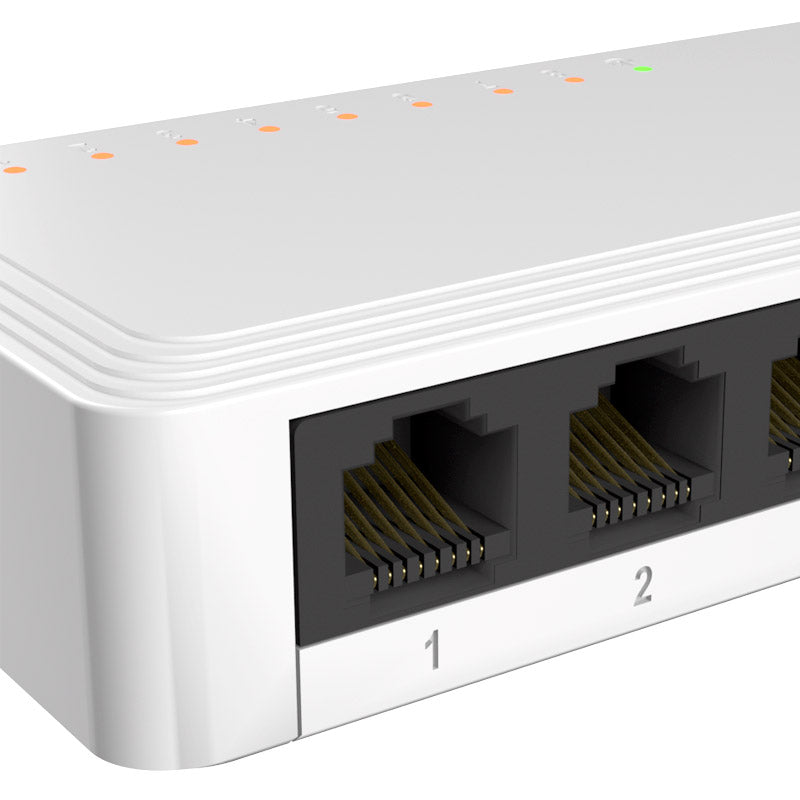 Detalle de los 8 puertos RJ45 Gigabit del switch Nexxt Naxos 801-G