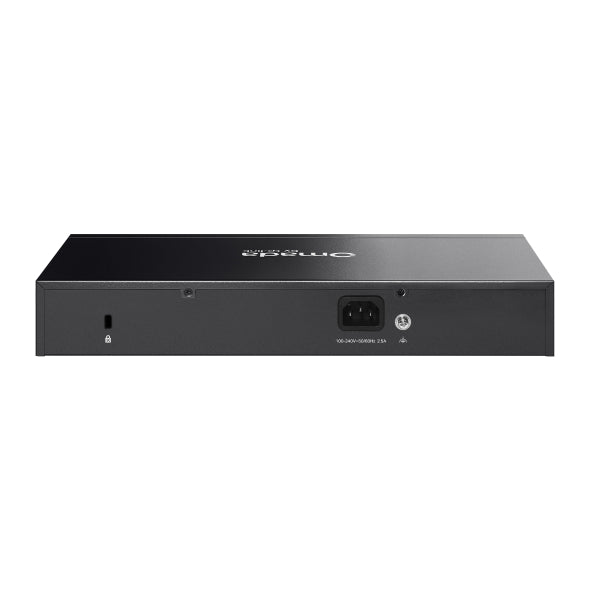 Parte trasera del switch TP-Link SG2210MP con puertos SFP y conector de alimentación