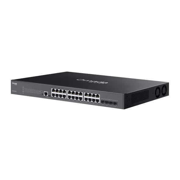 Switch TP-Link SG3428XMP JetStream vista en ángulo montado en rack