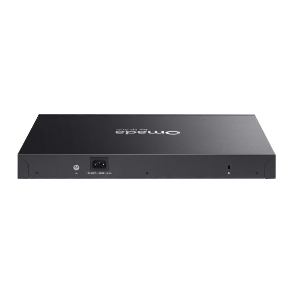 Parte trasera del switch TP-Link SG3428XMP con puertos SFP+ 10GE y alimentación