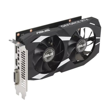 Tarjeta de video ASUS RTX 3050 vista en ángulo mostrando el doble ventilador