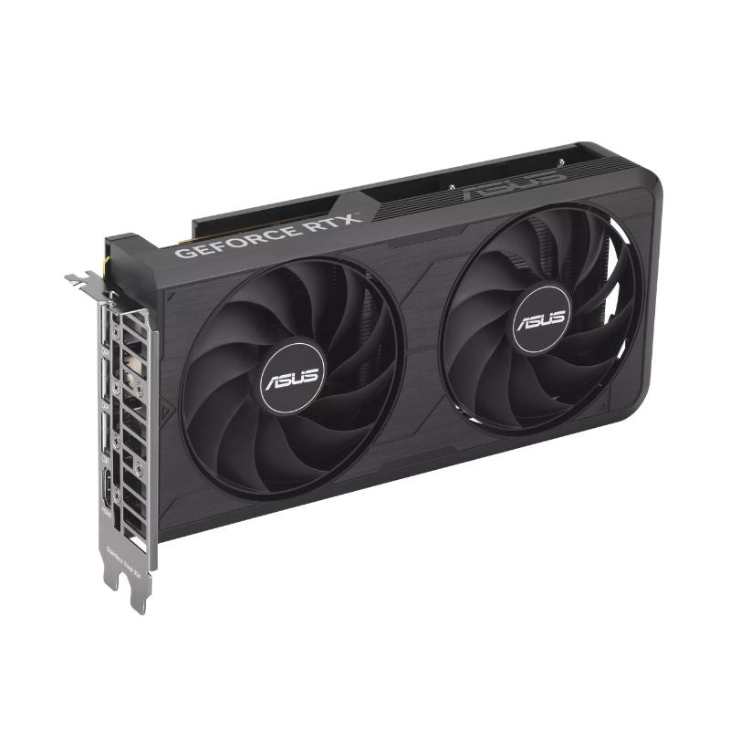 Tarjeta de video ASUS RTX 5060 EVO vista en ángulo mostrando el doble ventilador
