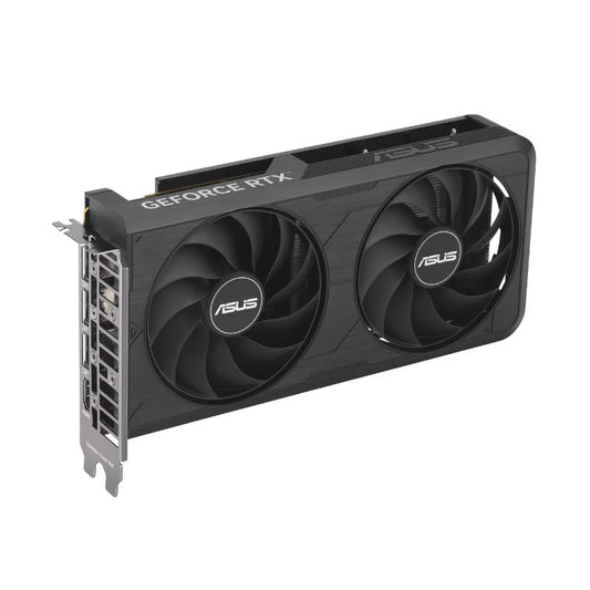 Tarjeta de video ASUS RTX 5060 EVO vista en ángulo mostrando el doble ventilador