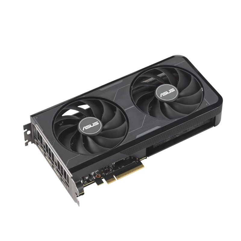 Tarjeta de video ASUS RTX 5060 Ti EVO vista en ángulo mostrando el doble ventilador