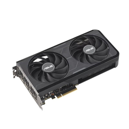 Tarjeta de video ASUS RTX 5060 Ti EVO vista en ángulo mostrando el doble ventilador