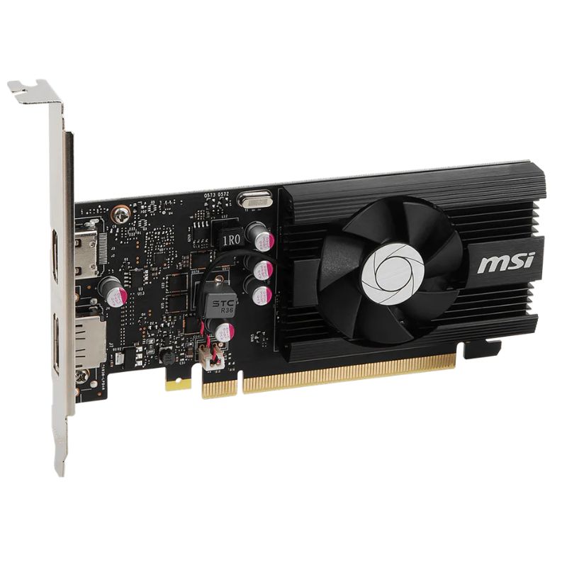 Tarjeta de video MSI GeForce GT 1030 4GB vista en ángulo mostrando el disipador