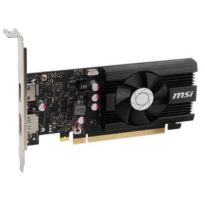 Tarjeta de video MSI GeForce GT 1030 4GB vista en ángulo mostrando el disipador