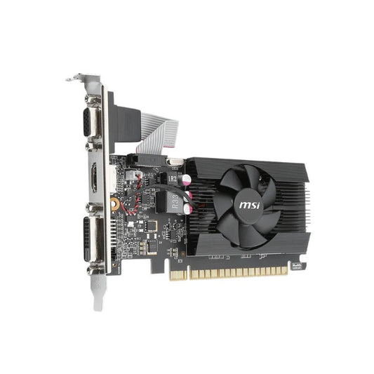 Tarjeta de video MSI GeForce GT 710 2GB vista en ángulo mostrando el ventilador
