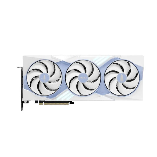 Tarjeta de video MSI GeForce RTX 5070 Ti 16G Frieren Edition OC blanca vista frontal con tres ventiladores